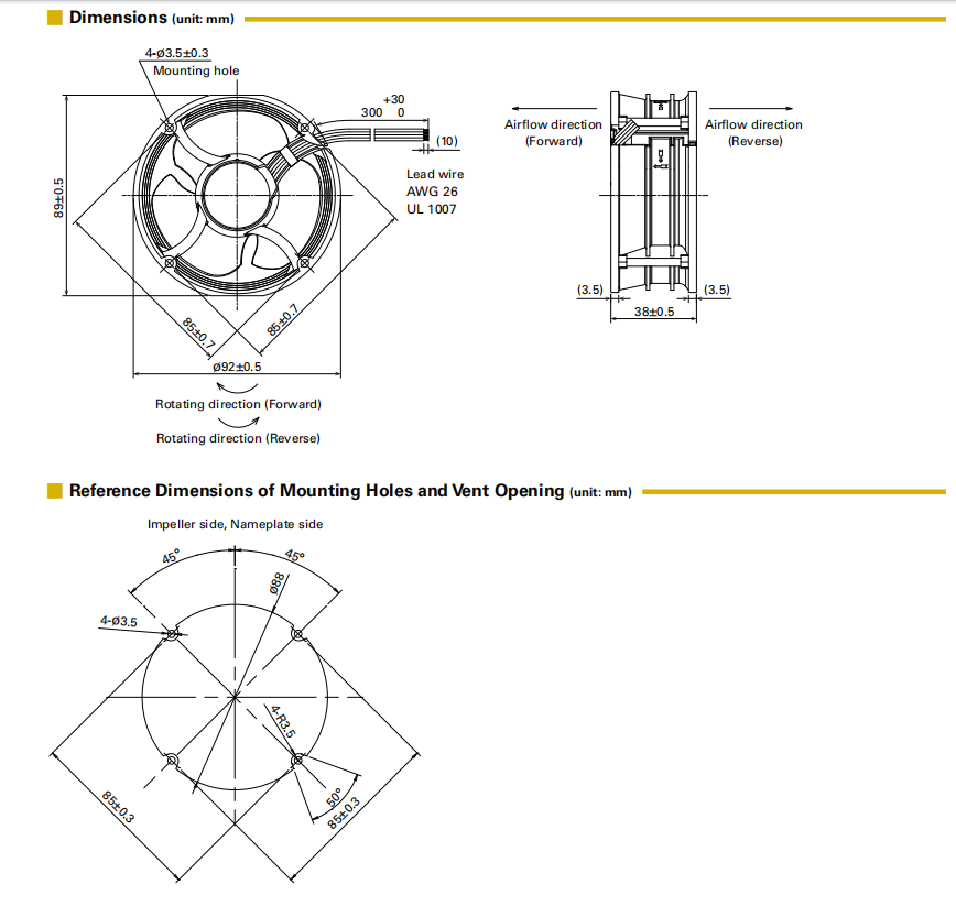 山洋直流風(fēng)扇 9RF0924P1H001 產(chǎn)品尺寸圖:
